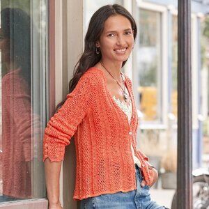 Sundance Women's Size PM Della Ruffle Long Sleeve Cardigan Sweater Coral Orange
